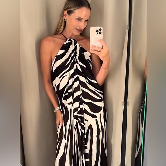 Halter Zebra-Print Maxi Dress in Black & White - Picture 2 of 6